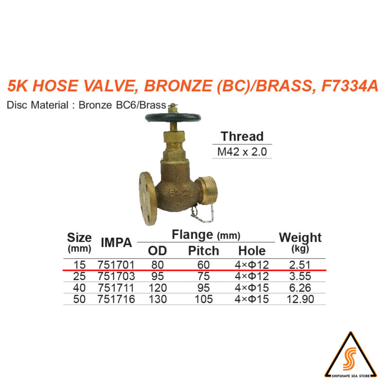 วาล์ว Globe hose v/v bronze/brass F7334A, Screw M42x2.0 & Flange 5K-15A - Image 2