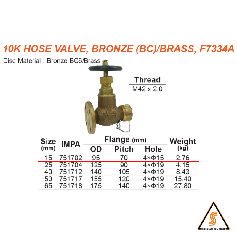 วาล์ว Globe hose v/v bronze/brass F7334A, Screw M42x2.0 & Flange 10K-15A - Image 2