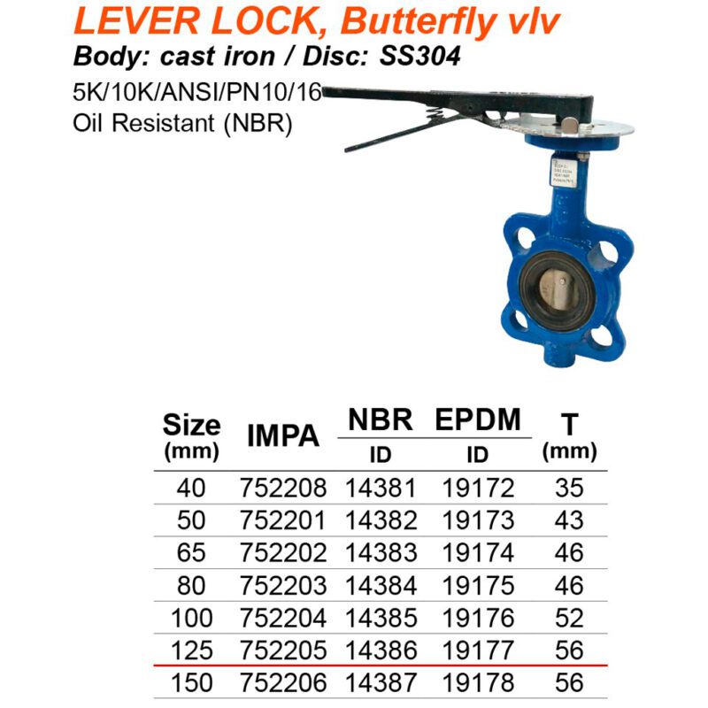 วาล์วผีเสื้อ Wafer, 5k-125 (5"), NBR, คันโยก ลิ้นสแตนเลส หนา 56mm (PN16 / ANSI-150 / 5K / 10K) - Image 2
