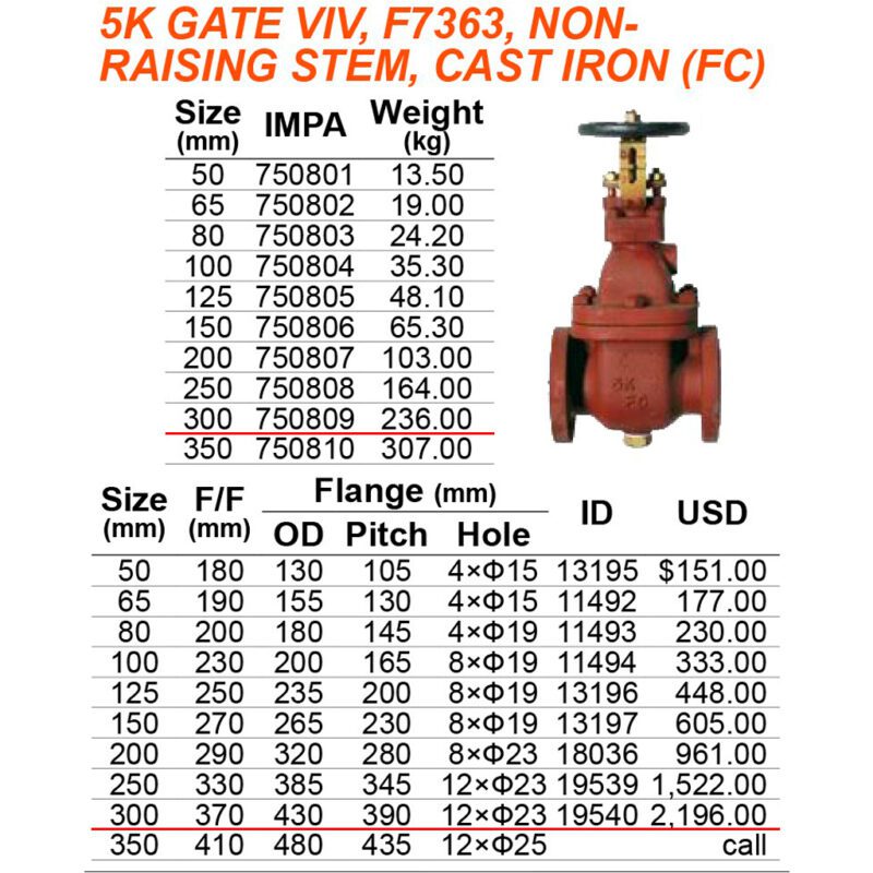 วาล์วประตู 5K เหล็กหล่อ F7363, 300A (12") แกนไม่โผล่ Non raising stem - Image 2