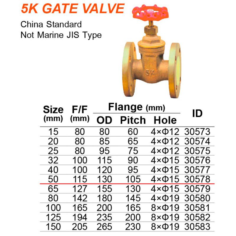 วาล์วประตู 5K- 50A ทองเหลือง แกนไม่โผล่ L: 115 - Image 2