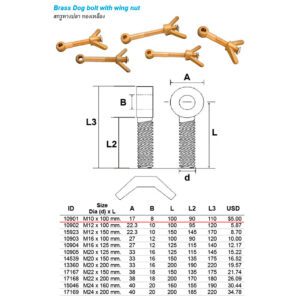 สกรูหางปลา ทองเหลือง ขนาด M10 x 100