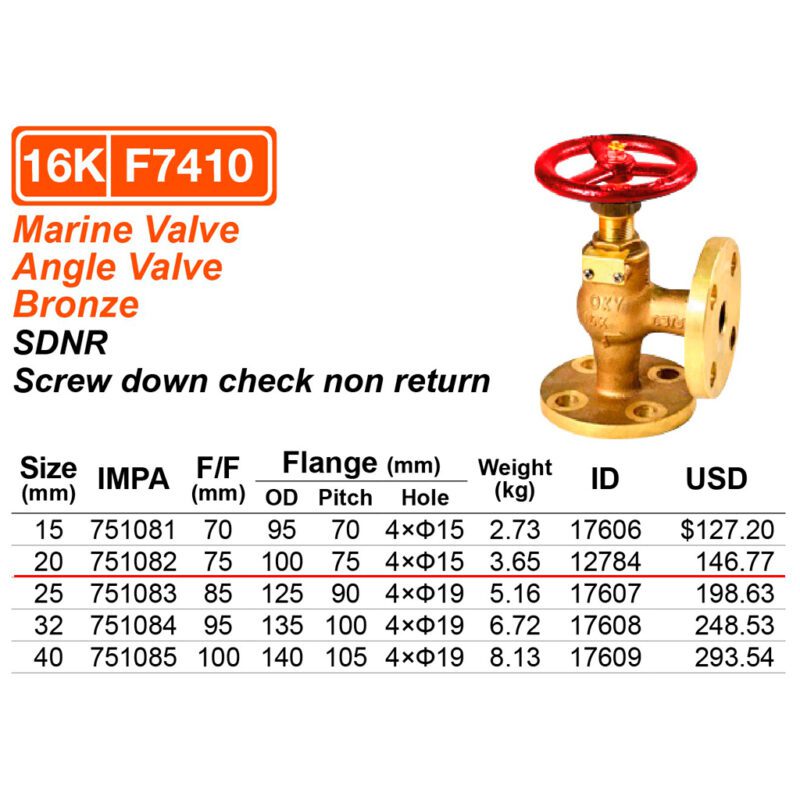 วาล์วฉาก 16K ทองเหลือง Screw down check F7410, 20A ( 3/4" ) - Image 2