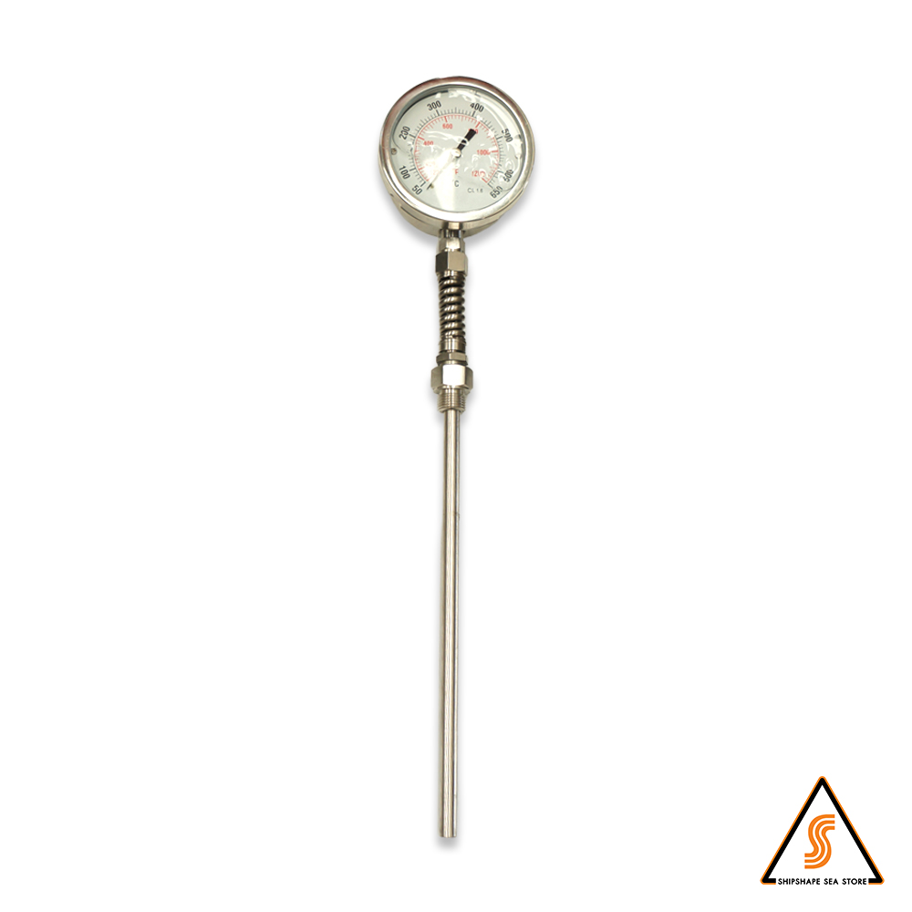 เทอร์โมมิเตอร์ แบบเกจ 4" มีน้ำมัน ไม่มีปีก 650c หางยาว 12" (Fix) เกลียว 1/2" BSP (ยาวรวม 52.4 ซม. ตามรูป มีสปริง)