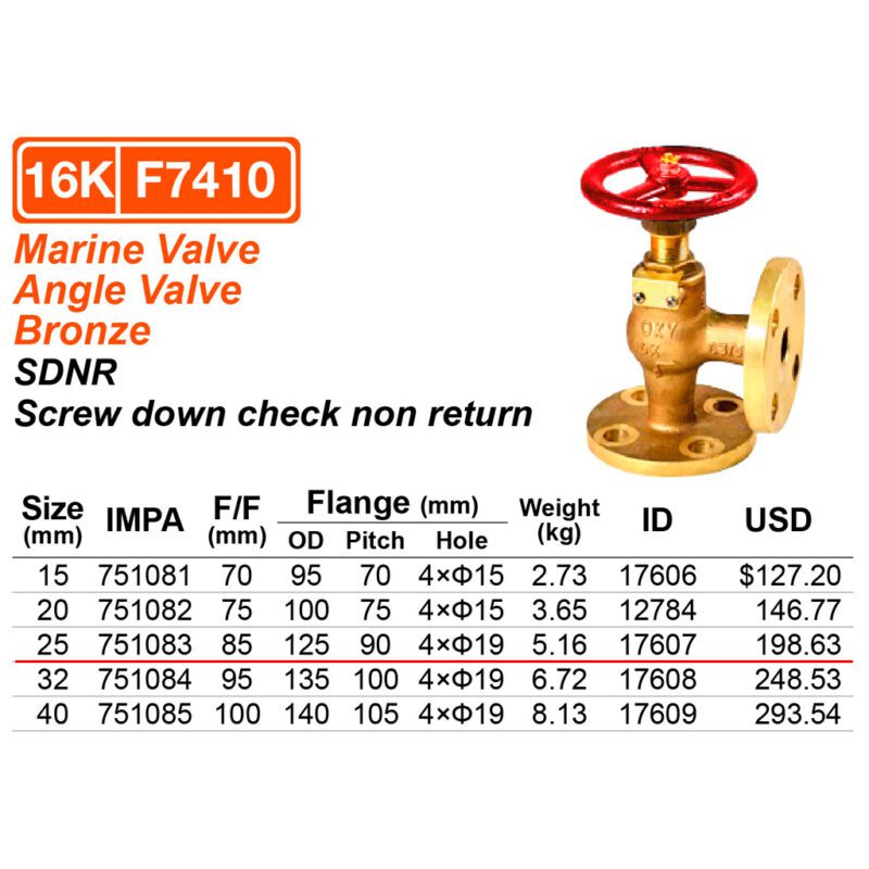 วาล์วฉาก 16K ทองเหลือง Screw down check F7410, 25A ( 1" ) - Image 2