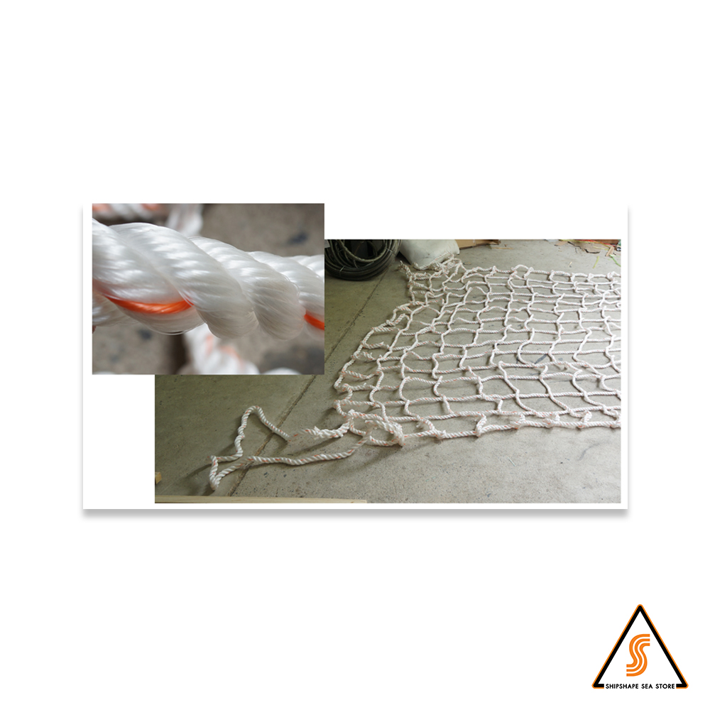 ตาข่ายยกสินค้า ตา 20x20cm เชือก PP, 3.0x3.0เมตร, เชือกหู 24มม. เชือกขอบ 22มม. เชือกตา 16มม Breaking Strength 31.5kN (Cert) มีห่วง 2มุม Cargo net