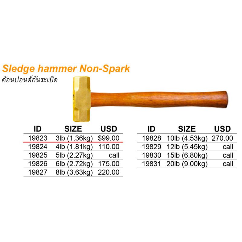 ค้อนปอนด์ Non-Spark ขนาด 3ปอนด์ (1.36kg) พร้อมด้าม