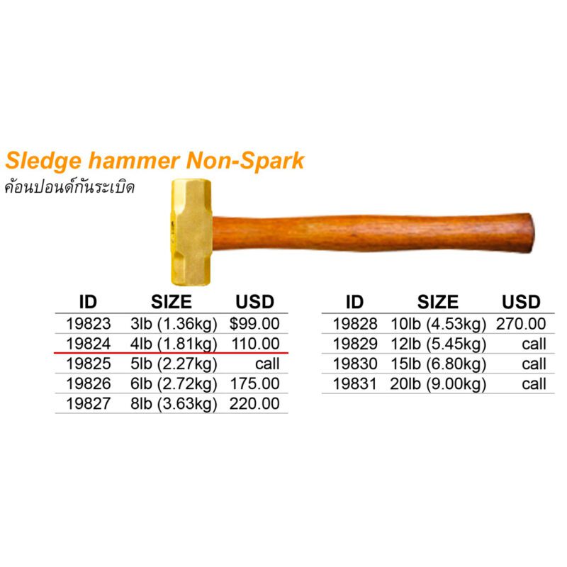 ค้อนปอนด์ Non-Spark ขนาด 4ปอนด์ (1.81kg) พร้อมด้าม