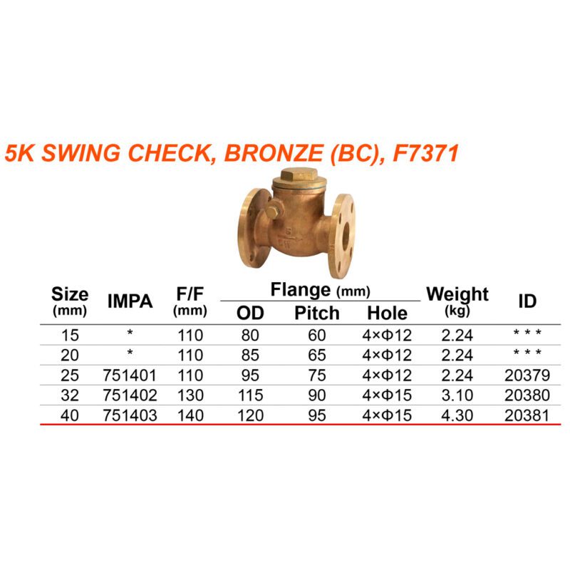 วาล์วกันกลับ Swing check v/v JIS F-7371, 5K 40mm ทองเหลือง - Image 2