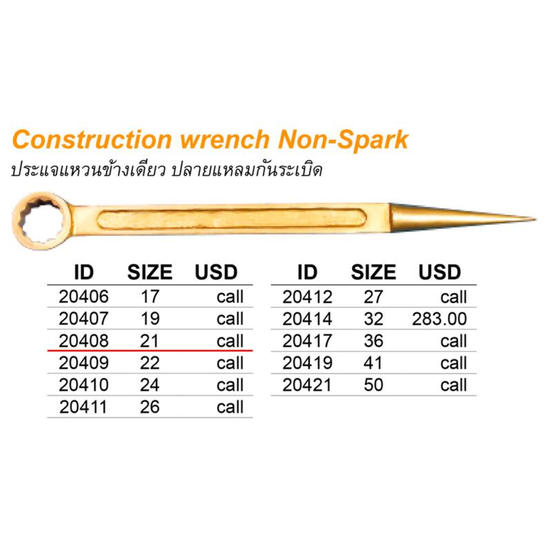 ประแจแหวนข้างเดียว ปลายแหลม Non spark # 21 mm ทั้งตัวยาว 268mm