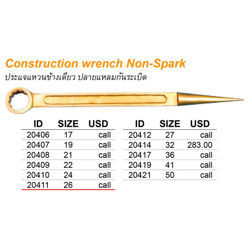 ประแจแหวนข้างเดียว ปลายแหลม Non spark # 26 mm ทั้งตัวยาว 290mm