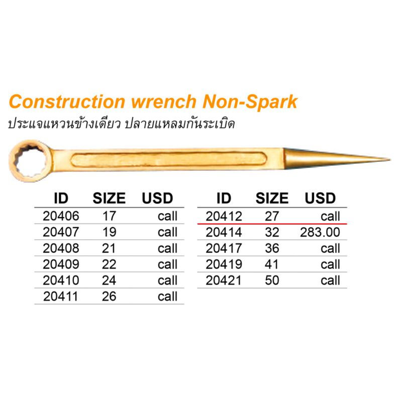 ประแจแหวนข้างเดียว ปลายแหลม Non spark # 27 mm