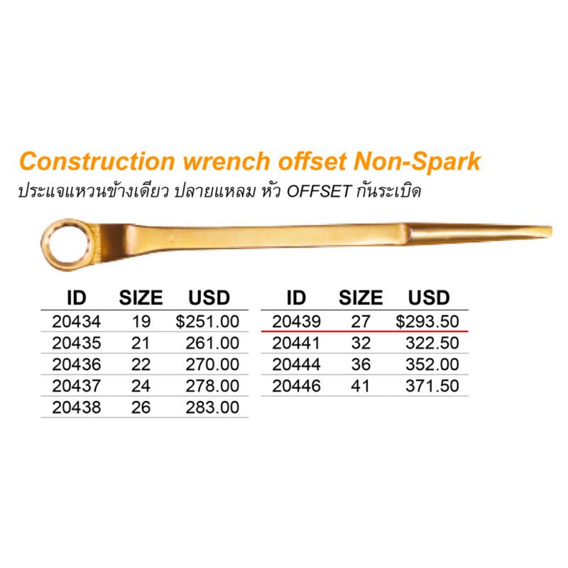 ประแจแหวนข้างเดียว ปลายแหลม หัว OFFSET Non spark # 27 mm