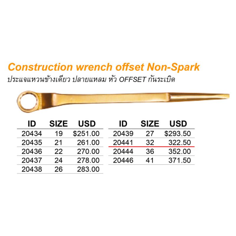 ประแจแหวนข้างเดียว ปลายแหลม หัว OFFSET Non spark # 32 mm ทั้งตัวยาว 390mm