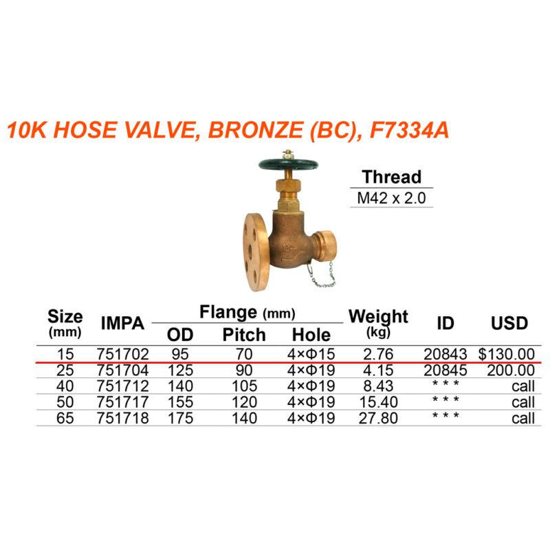 วาล์ว Globe hose v/v bronze F7334A, Screw M42x2.0 & Flange 10K-15A - Image 2