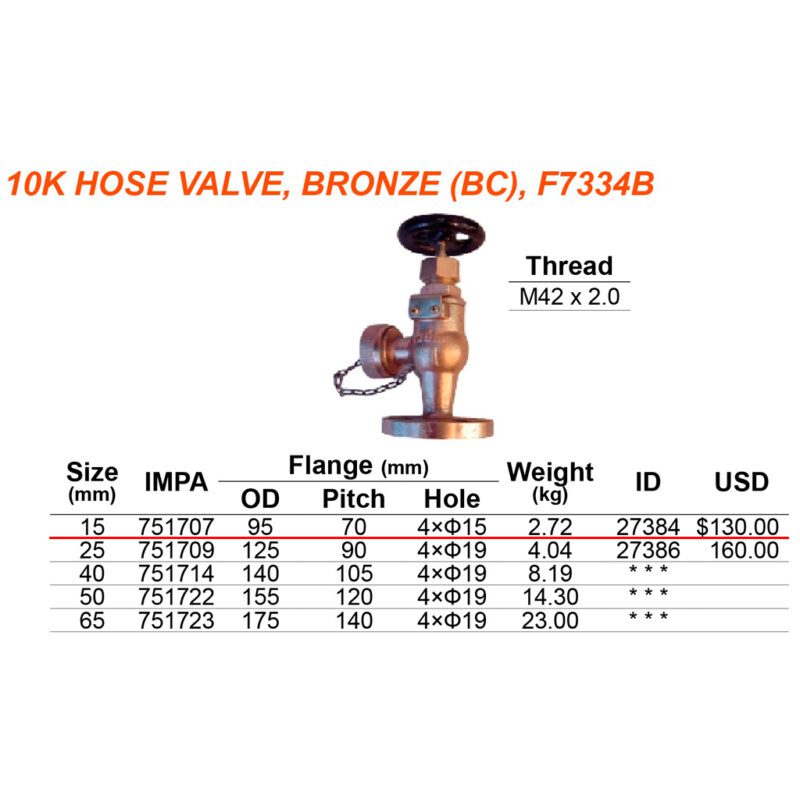 วาล์ว Angle hose v/v bronze F7334B, Screw M42x2.0 & Flange 10K-15A - Image 2