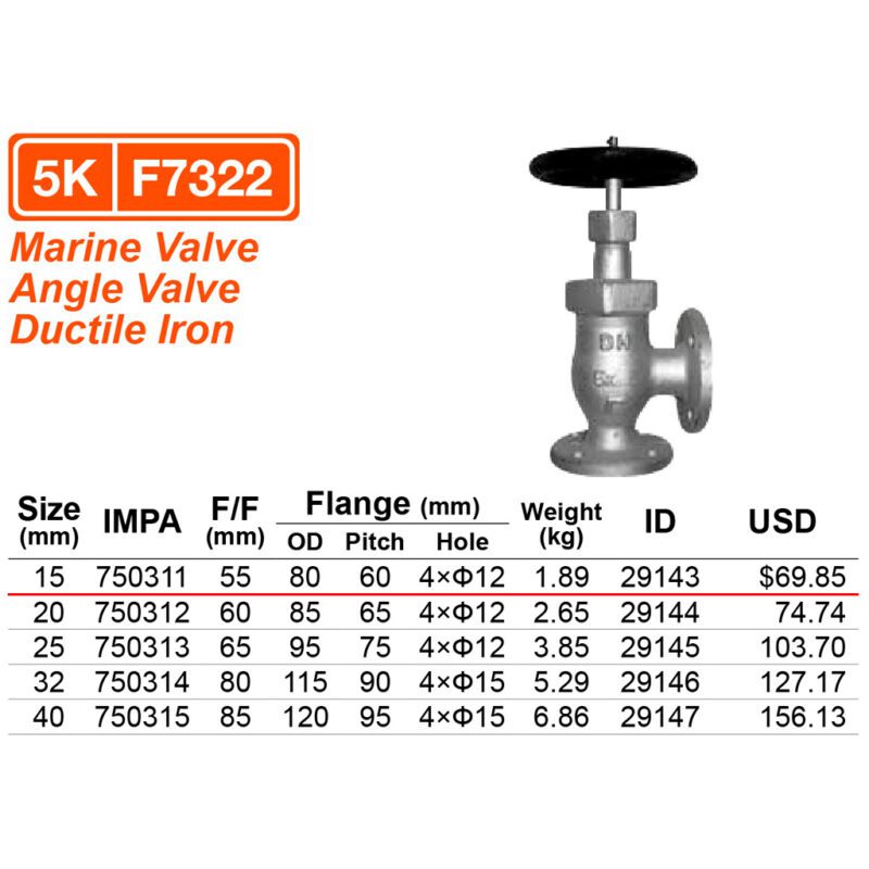 วาล์วฉาก 5K เหล็ก Ductile iron F7322, 15A ( 1/2" ) L:55mm IMPA 750311 - Image 2