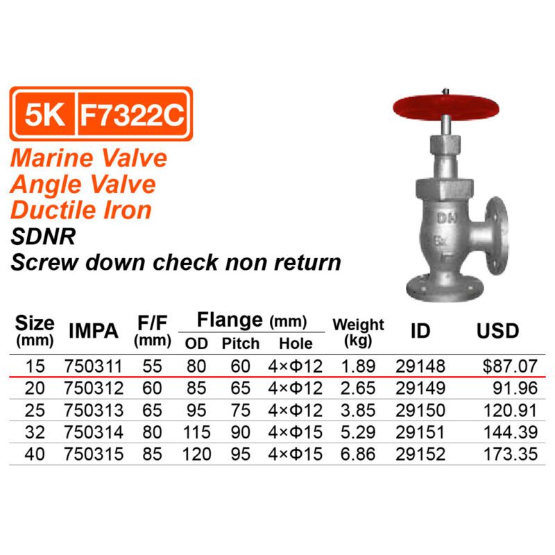 วาล์วฉาก 5K เหล็ก Ductile iron S/D check F7322C, 15A ( 1/2" ) L:55mm IMPA 750311C - Image 2