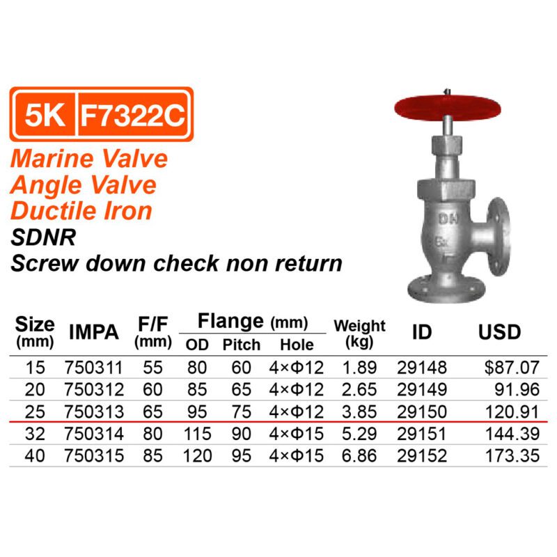 วาล์วฉาก 5K เหล็ก Ductile iron S/D check F7322C, 25A ( 1" ) L:65mm IMPA 750313C - Image 2