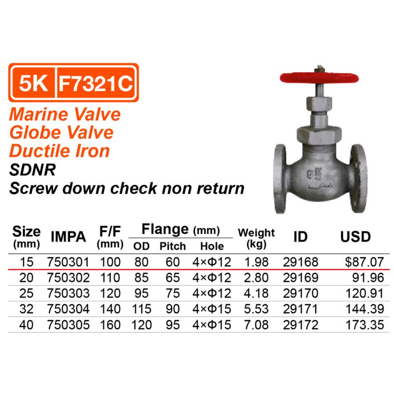วาล์วตรง 5K เหล็ก Ductile iron S/D check F7321C, 15A ( 1/2" ) L:100mm IMPA 750301C - Image 2