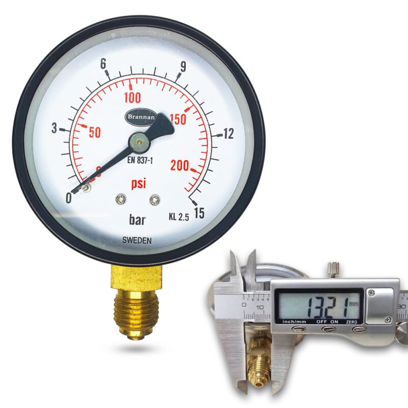 เพรชเชอร์เกจ (A) 2.5", 15 BAR BODY:เหล็ก เกลียว:BRASS 1/4"(โต13.2มม) ยี่ห้อ BRANNAN UK