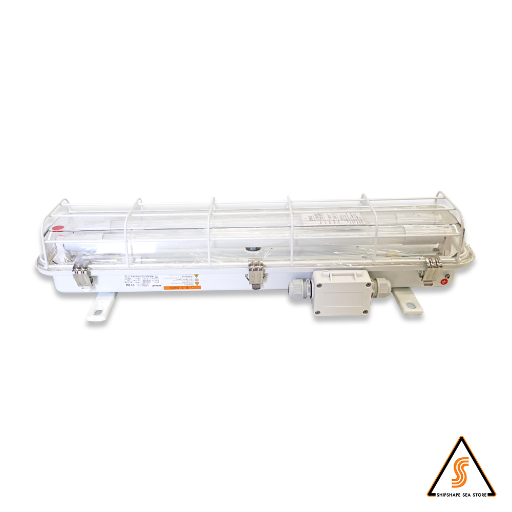 โคมไฟนีออน Marine เดินลอย Terminal box มีกรง JCY23-2EFD+Emergency, LED 2x10W(600mm), 100-240V, 50/60 HZ, IP56 รูน๊อต 480x185, Single-End